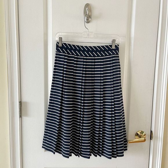 J.Crew 00 Navy and White Pleated MIDI Skirt with Sailor Stripes and Diagonal Wai - Picture 1 of 12